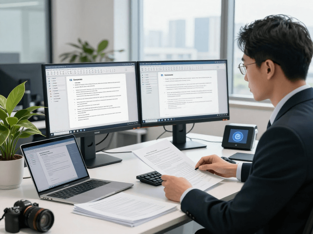Detailed document fraud detection analysis in a modern office, showcasing high-tech tools and focused professional.