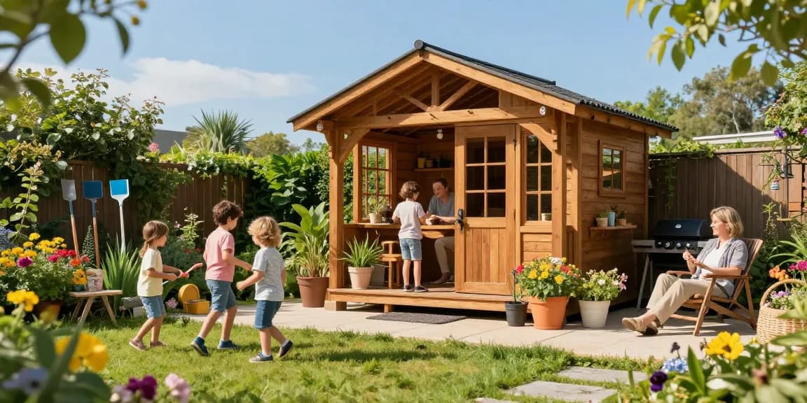 Gartenhäuser aus Holz umgeben von bunten Blumen in einem sonnigen Garten mit einer Familie, die einen entspannten Nachmittag genießt.
