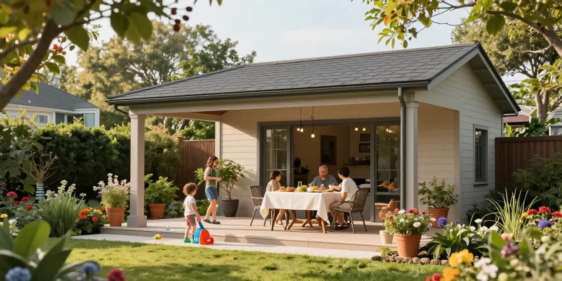 Moderne freistehende Terrassenüberdachung in einem einladenden Garten mit Familie.