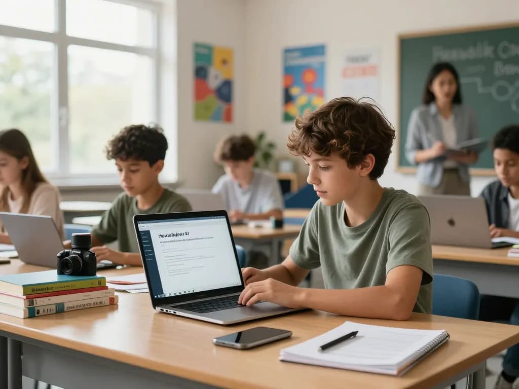 Student, der Hausaufgaben KI-Software in einem hellen Klassenzimmer für Hausaufgabenlösungen verwendet.