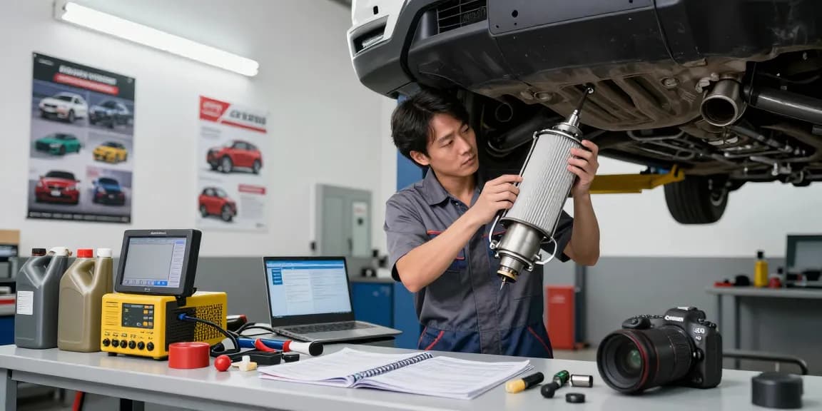 Partikelfilter Reinigen in einer Kfz-Werkstatt, Techniker inspiziert den Dieselpartikelfilter auf qualitativ hochwertigen Service.