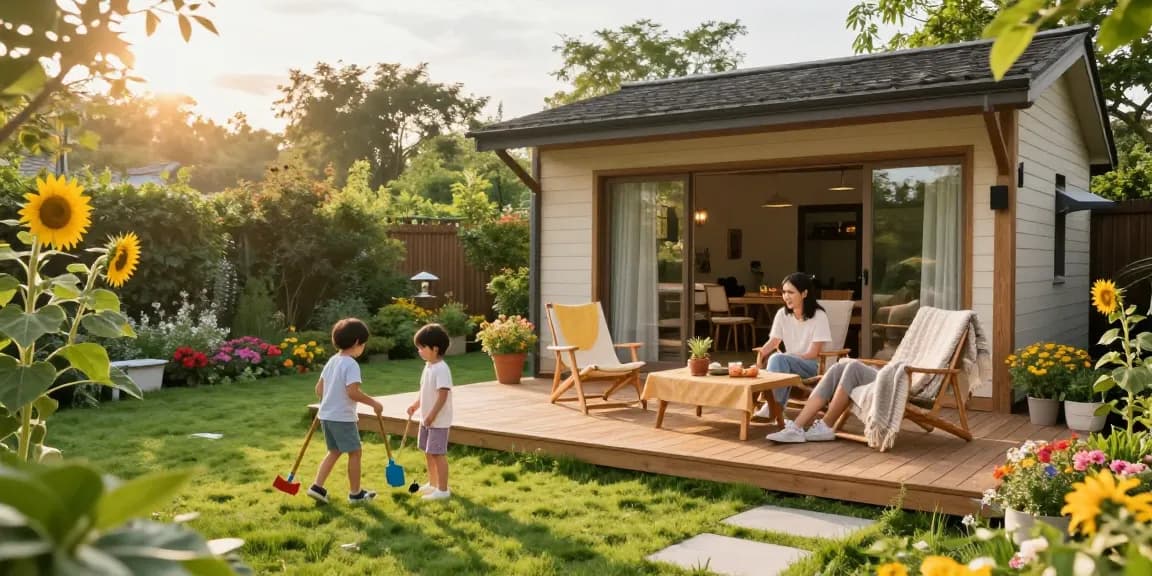 Familie genießt Zeit in ihrem Gartenhaus mit blühenden Blumen und Sonnenstrahlen