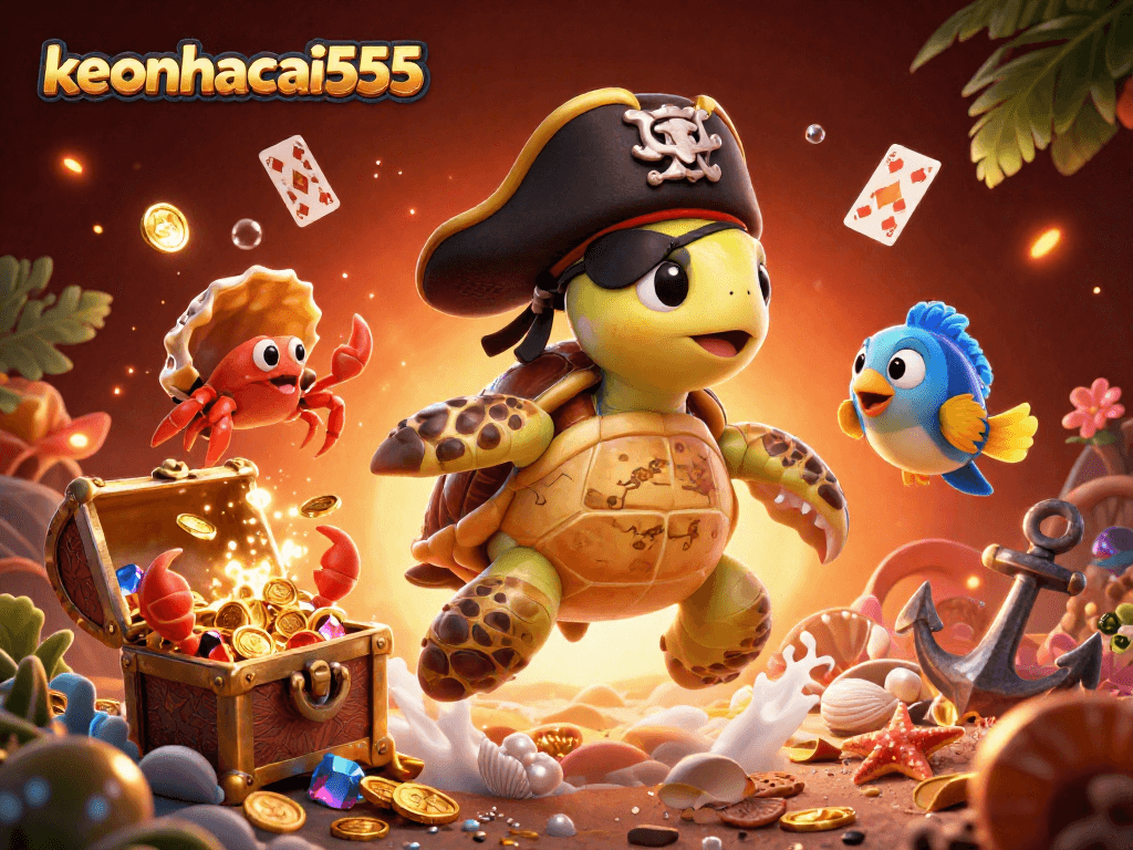 Engage with keonhacai555, featuring a lively pirate turtle scene with treasure and gaming elements.