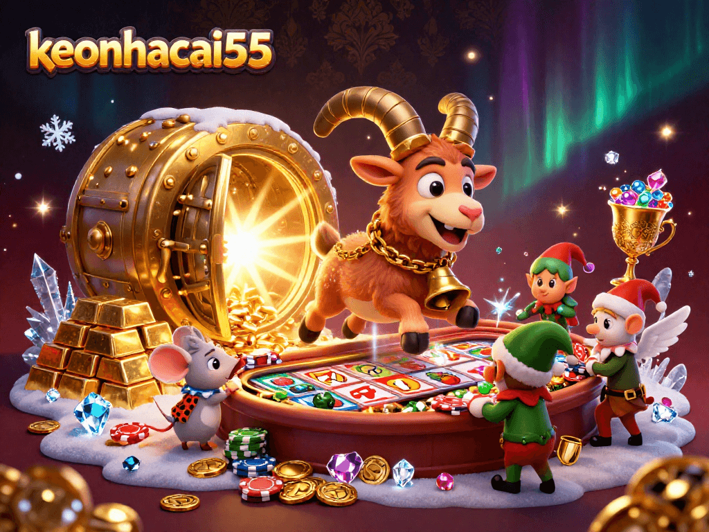 Experience keonhacai55 in action with lively 3D scenes featuring Krampus, gremlins, and festive casino chaos.