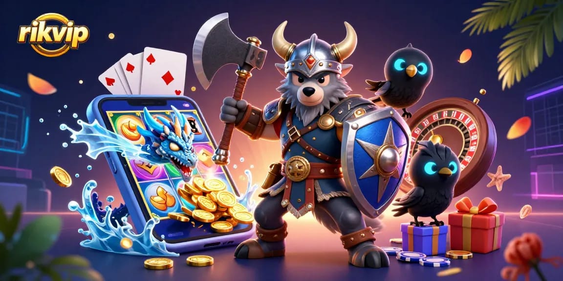 Experience thrilling gambling adventures with rikvip's Viking warrior, dragon, and vibrant casino elements.