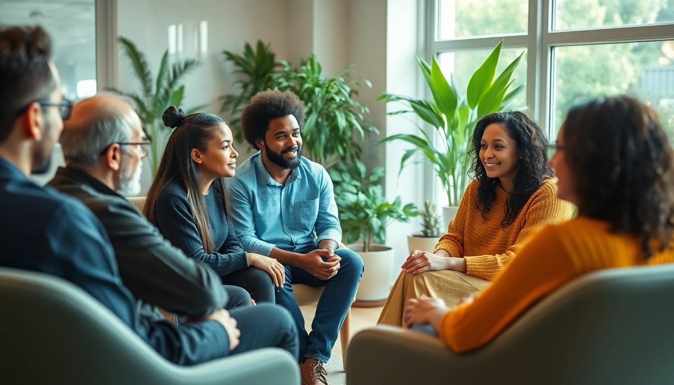 Engaging scene of mental health awareness group therapy session fostering openness and support.
