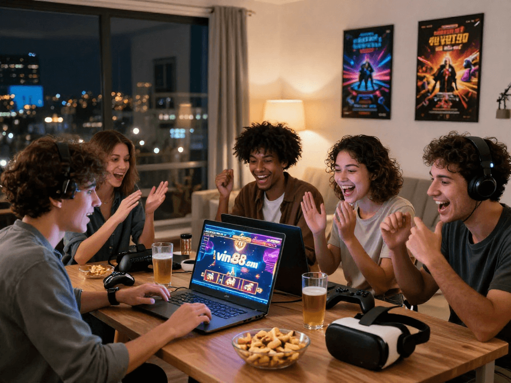 Friends enjoying online gaming at vin88.com, showcasing excitement and engagement in a cozy setting.