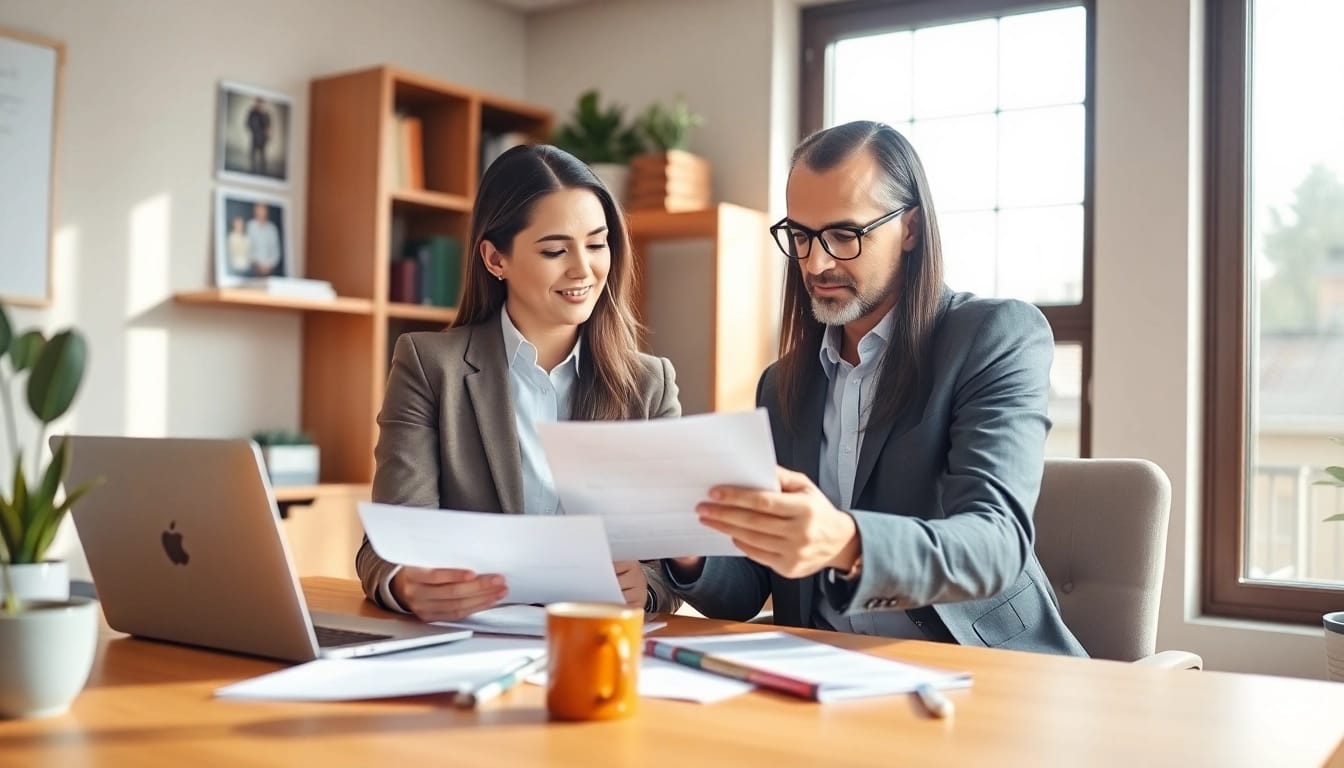 Hausverkauf bei Scheidung: Couple discussing real estate options in a comfortable office.