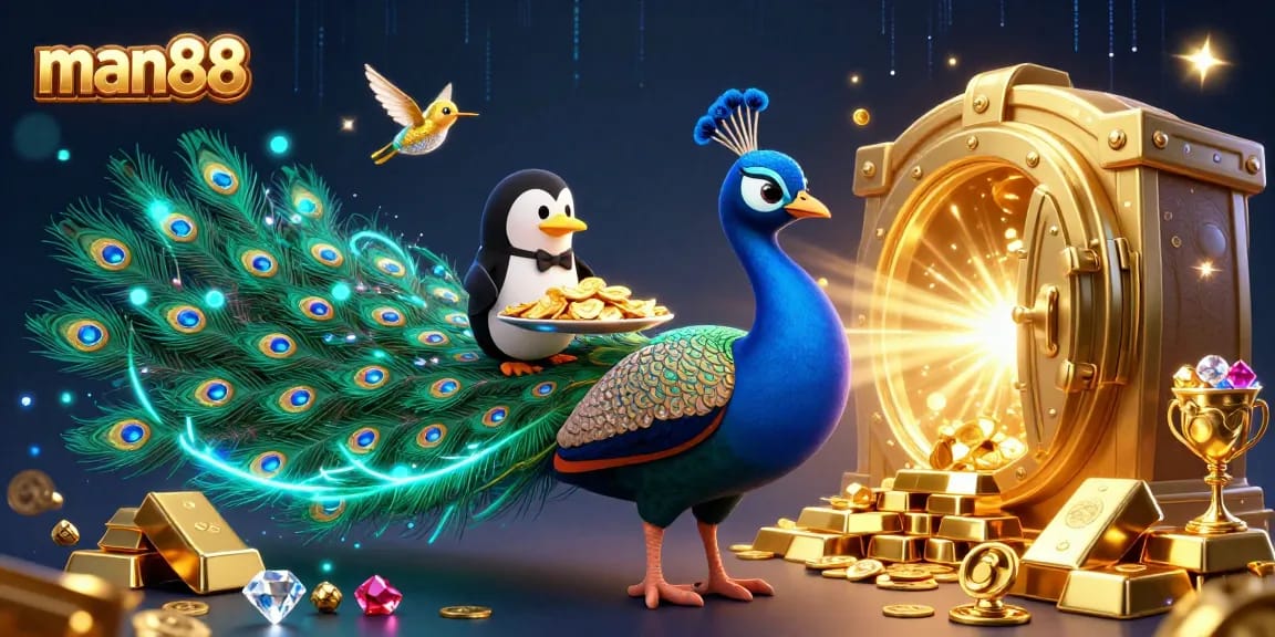 Experience the thrill of winning with man88's vibrant casino illustration showcasing gems and golden chips.
