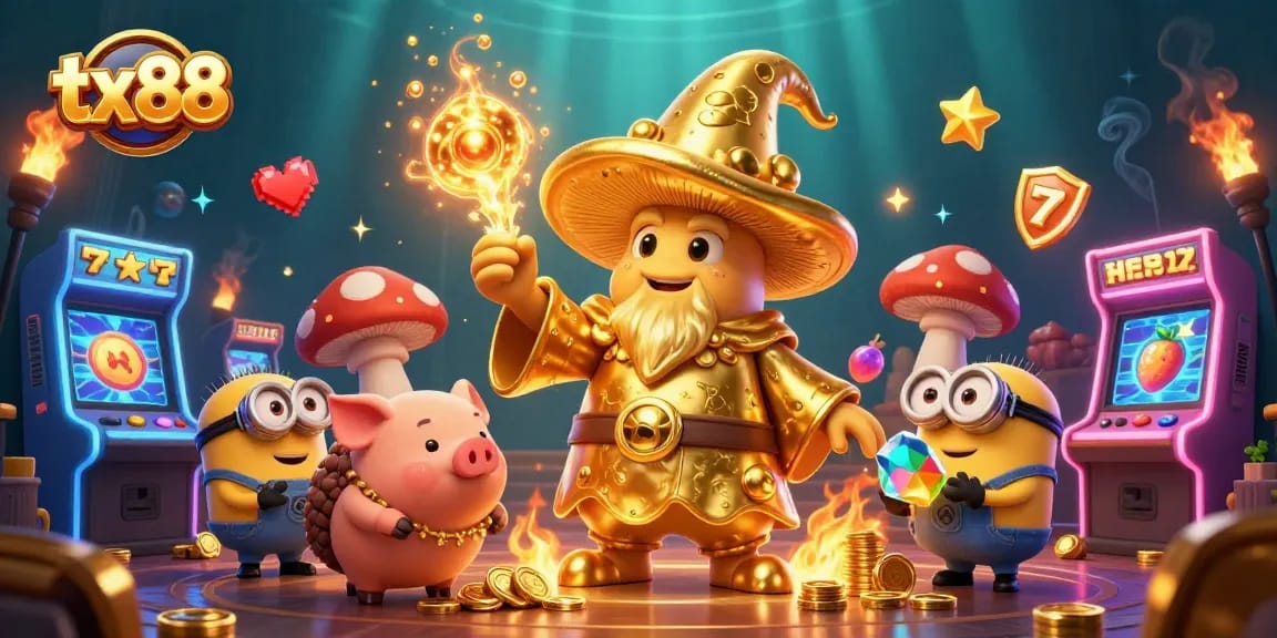 Experience tx88 magic with a golden mushroom wizard, slot reels, and treasure-filled elements in a vibrant scene.