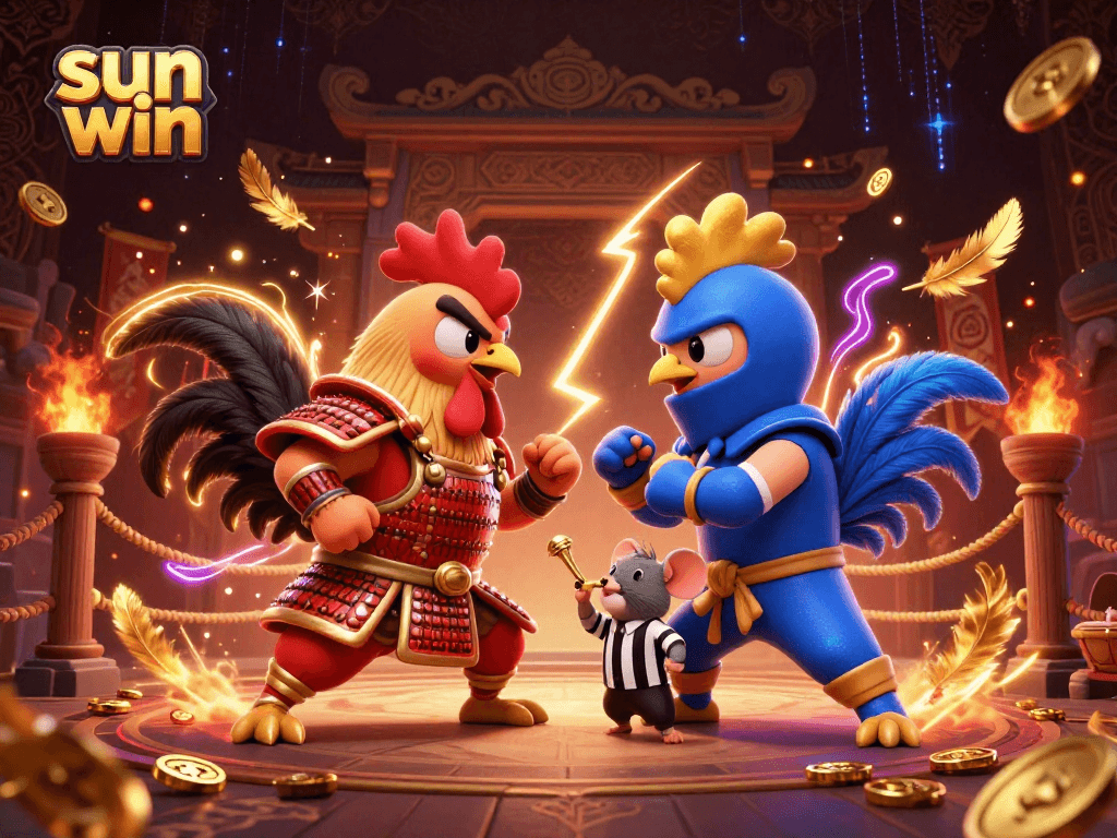 Engage with sun win through thrilling rooster battles in this vibrant casino-themed illustration.