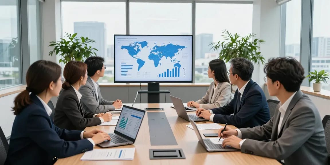Investment team discussing worldwide commercial project funds in a modern office.