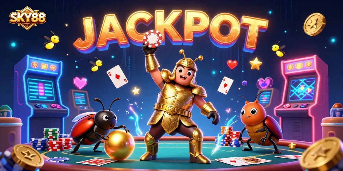 SKY88 enhances gameplay with a victorious beetle and vibrant casino elements.