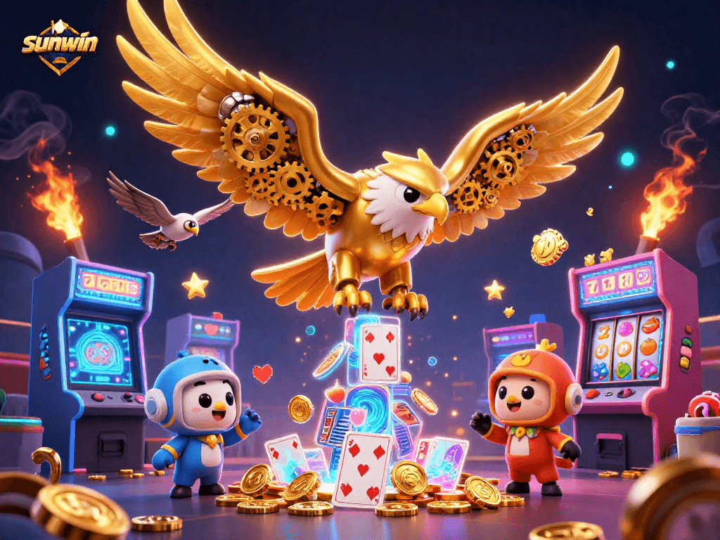 Experience sunwin's thrilling gameplay with a cybernetic eagle amidst casino elements.