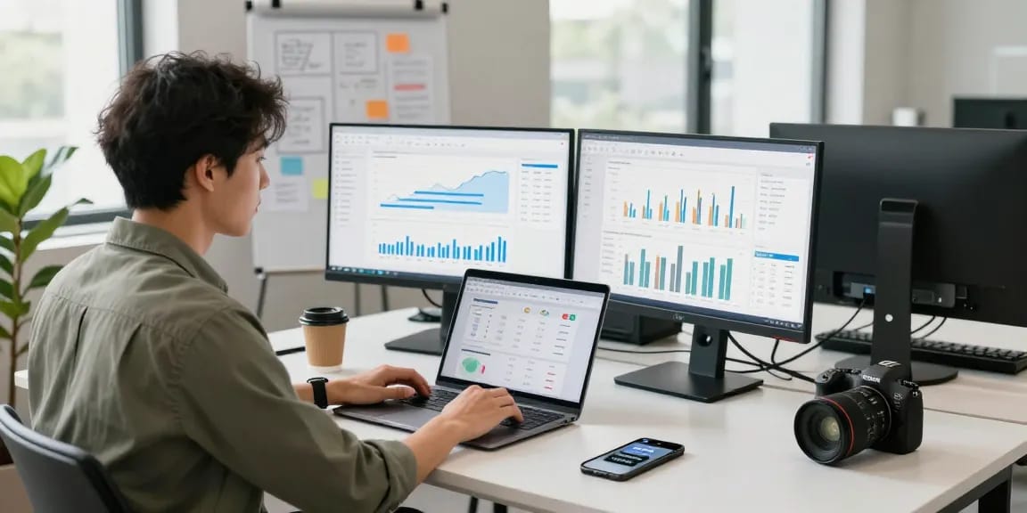 Marketing-Strategin analysiert Daten in einem digitalen Arbeitsbereich, der sich auf MyQuests Online-Marketing-Strategien konzentriert.