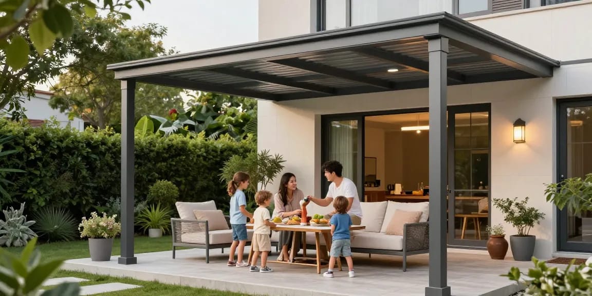 Moderne Terrassenüberdachung mit Familie im Garten genießen