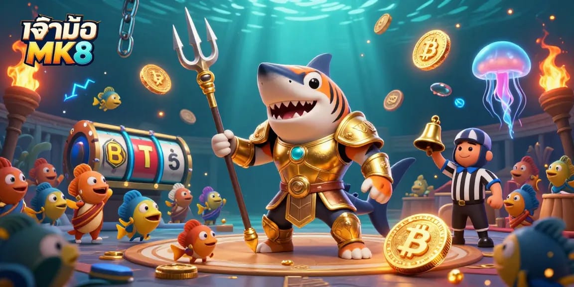 Engage with เจ้ามือ MK8 in a thrilling underwater casino scene featuring a gold-armored shark and vibrant gaming elements.