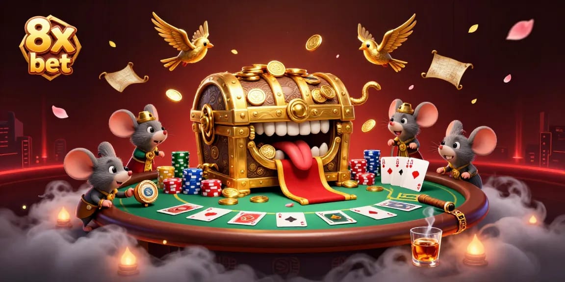 Experience the thrilling action of 8x bet with vibrant poker elements and captivating treasure in this scene.
