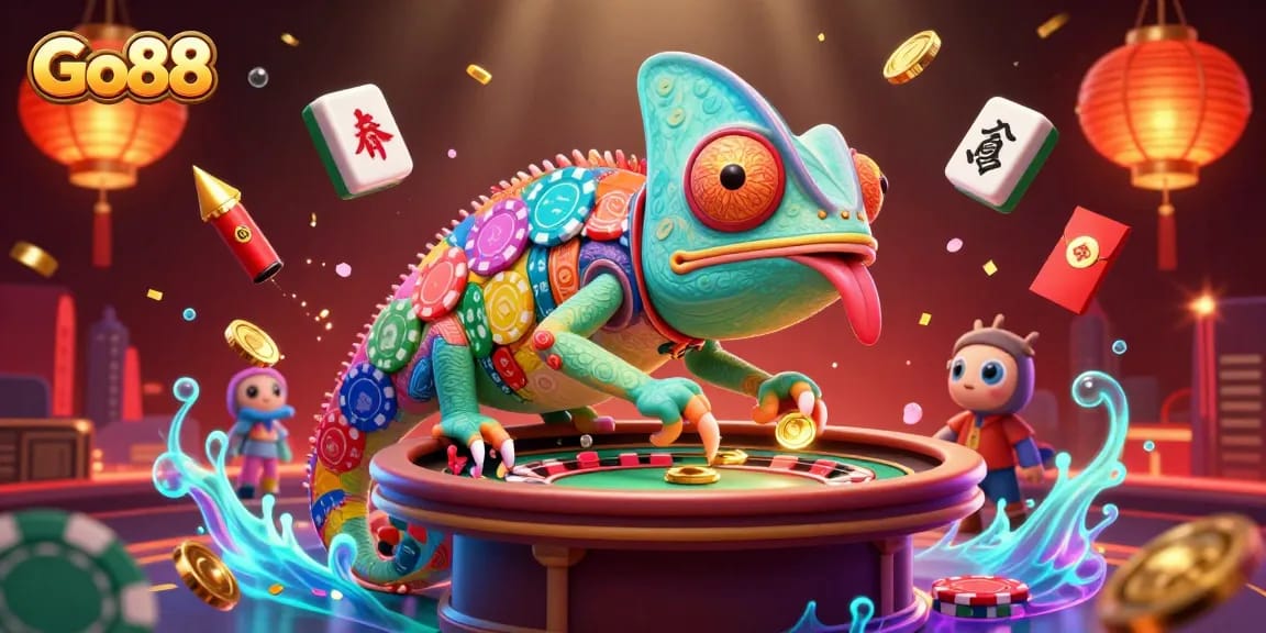 Experience thrilling gameplay at Go88 with a vibrant casino scene featuring a colorful chameleon owner.