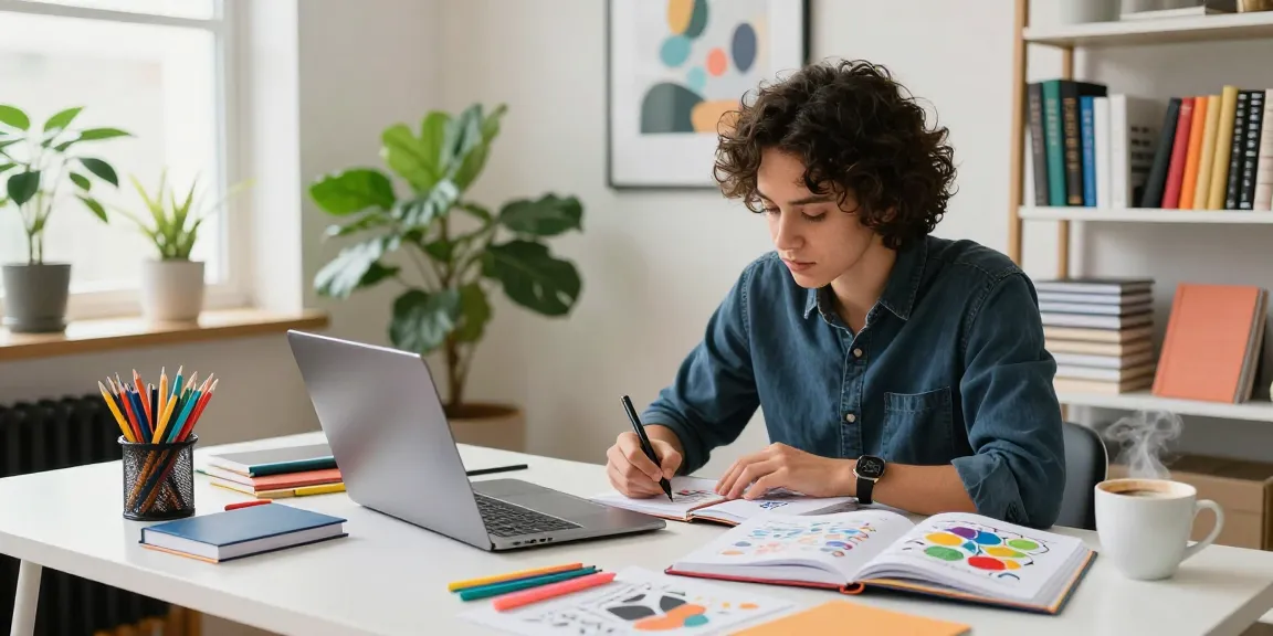 Creating custom printed notebooks with vibrant designs in a stylish workspace featuring coffee and stationery.