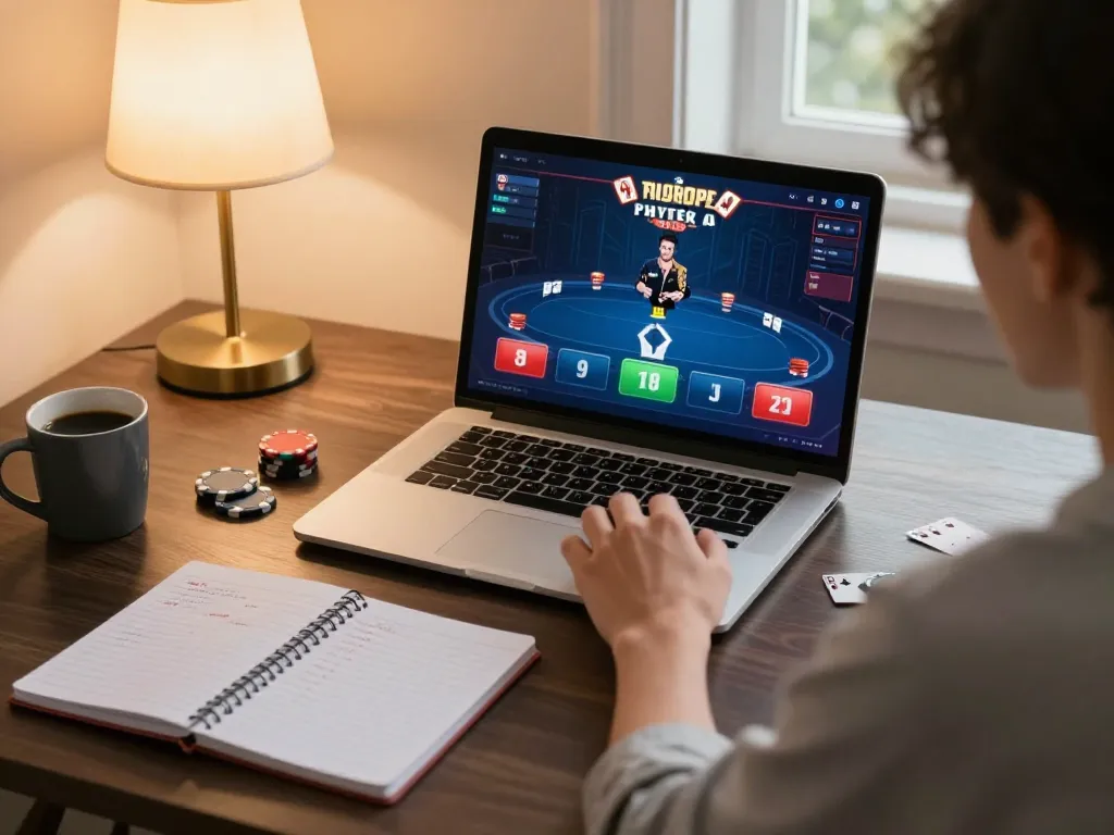MAY88 player engaged in online poker strategy at home, showcasing game interface and thoughtful preparation.
