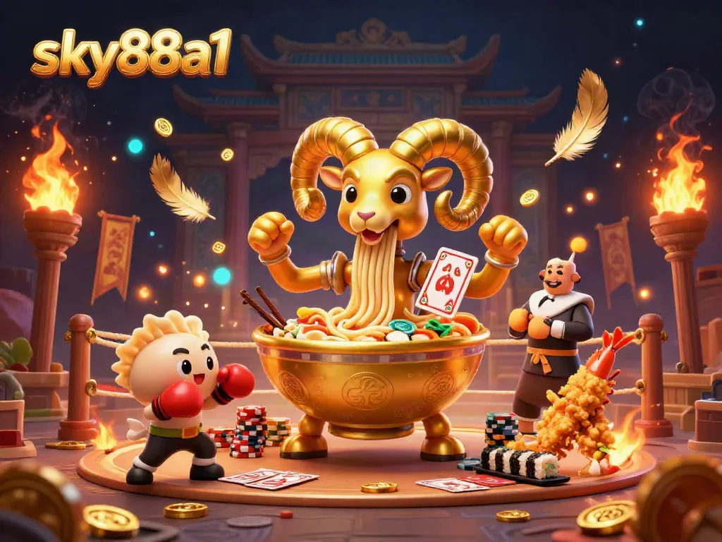 Engage with the thrilling atmosphere at sky88a1, featuring a golden ramen bowl character deuling in an action-filled casino.