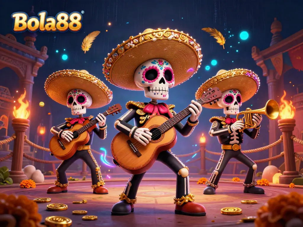 Bola88 showcases a vibrant mariachi band in a lively casino scene, filled with dynamic gambling elements.