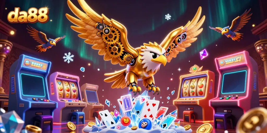 Engage with da88, where golden eagle dives through holographic cards in a vivid casino world.