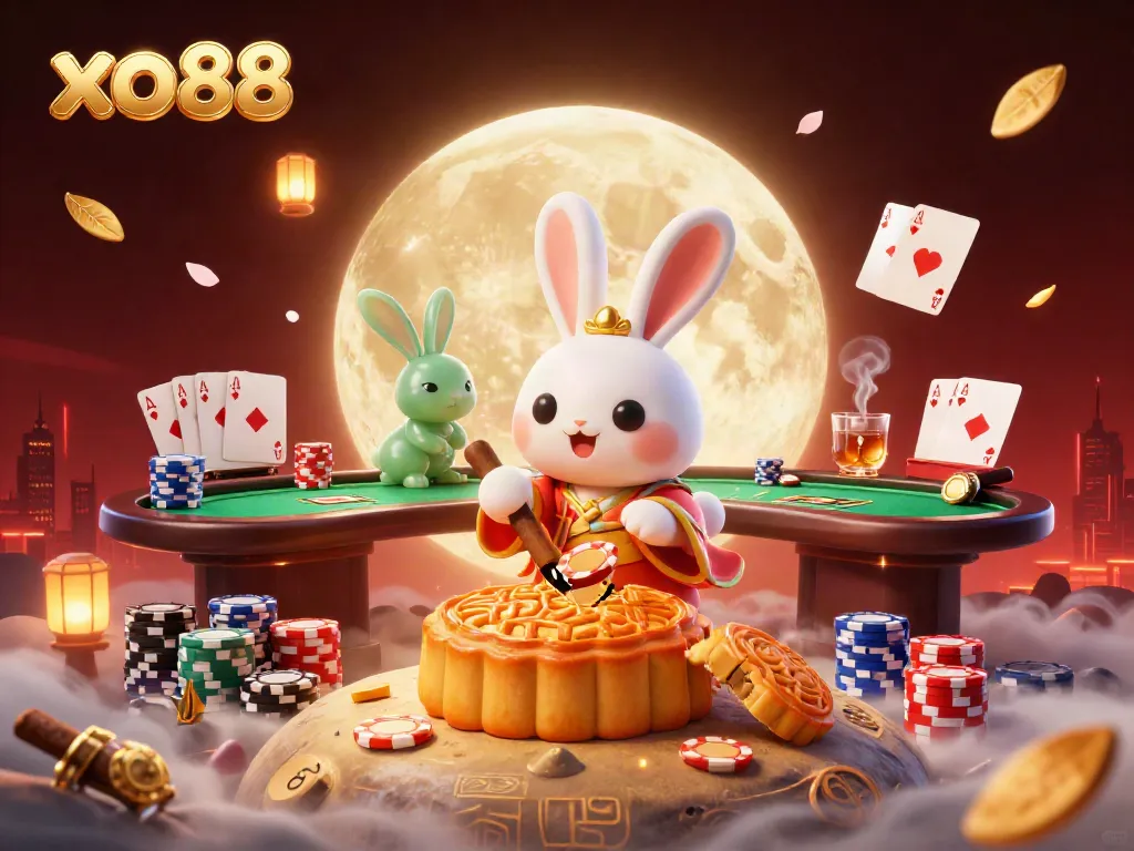 Experience excitement with xo88 as the moon rabbit creates poker chip-filled mooncakes on a vivid lunar scene.