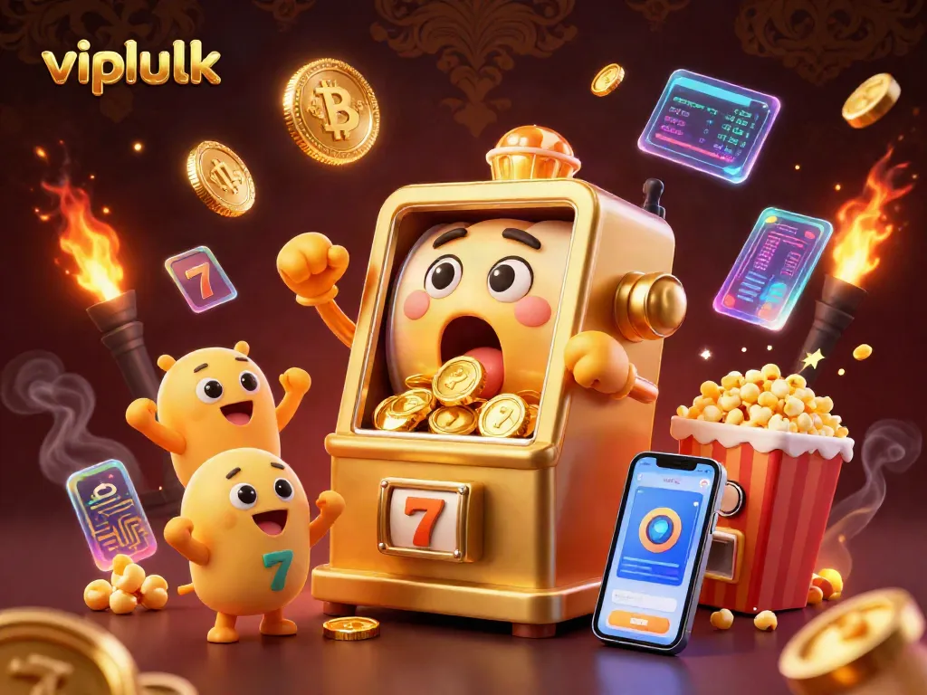 Vipluck slot machine hits jackpot, surrounded by golden coins and crypto elements in vibrant 3D illustration.