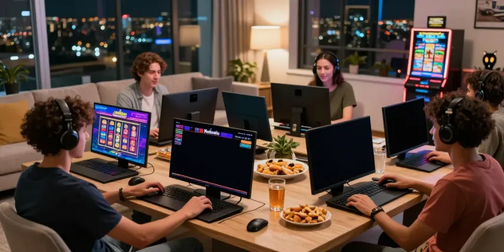 Nohuwin gaming scene featuring friends playing games on screens at home, showcasing https://choinohu.vip/ atmosphere.