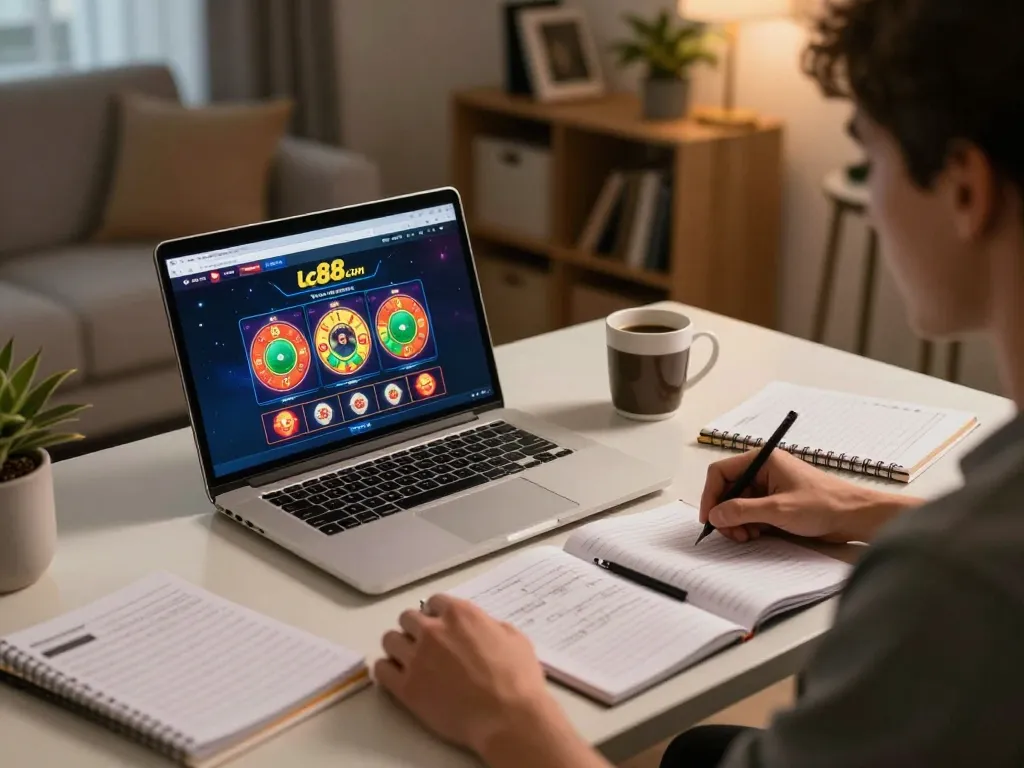 A person playing on lc88.com at home with sleek laptop and thoughtful strategy notes, in a cozy setup.