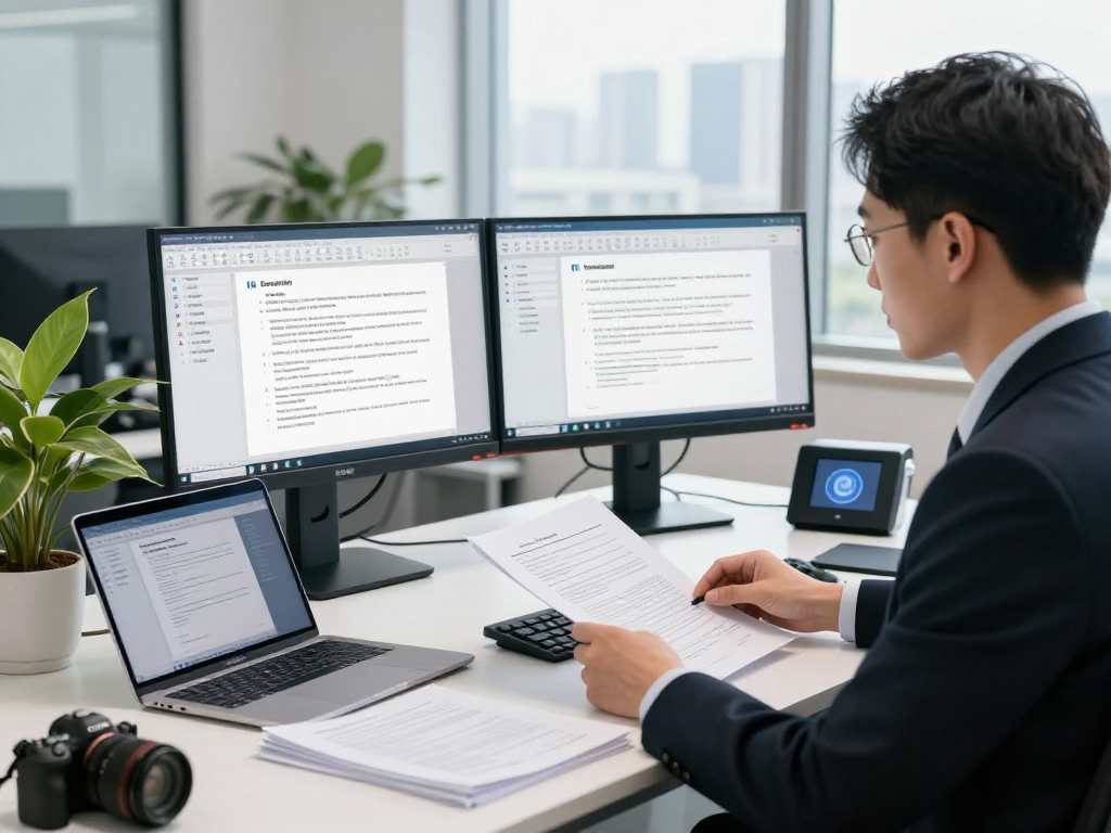 Detailed document fraud detection analysis in a modern office, showcasing high-tech tools and focused professional.