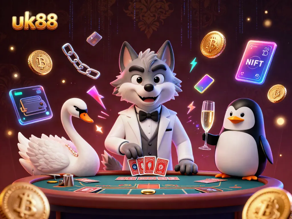 Engage in thrilling baccarat at uk88 with a stylized illustration of a debonair wolf, elegant swan, and sophisticated penguin