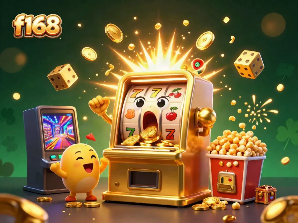 Witness the excitement of f168 with a charming slot machine celebrating its jackpot amidst golden coins and cheering companions.