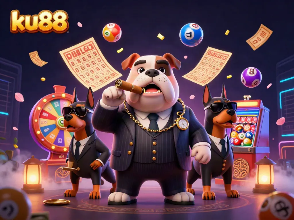 Engaging ku88 casino scene with a mafia bulldog and Doberman bodyguards among vibrant gaming elements.
