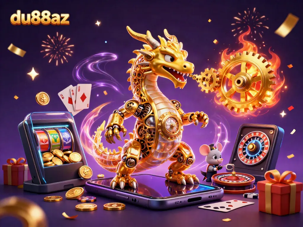 Engage with du88az's immersive gaming world where a golden dragon breathes gears amidst slot games.