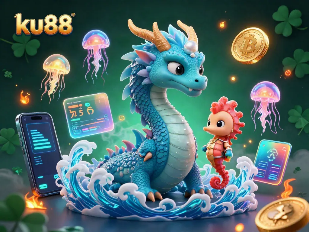 Engage in exciting gameplay at ku88, featuring an enchanting water dragon with crypto coins and vibrant elements.