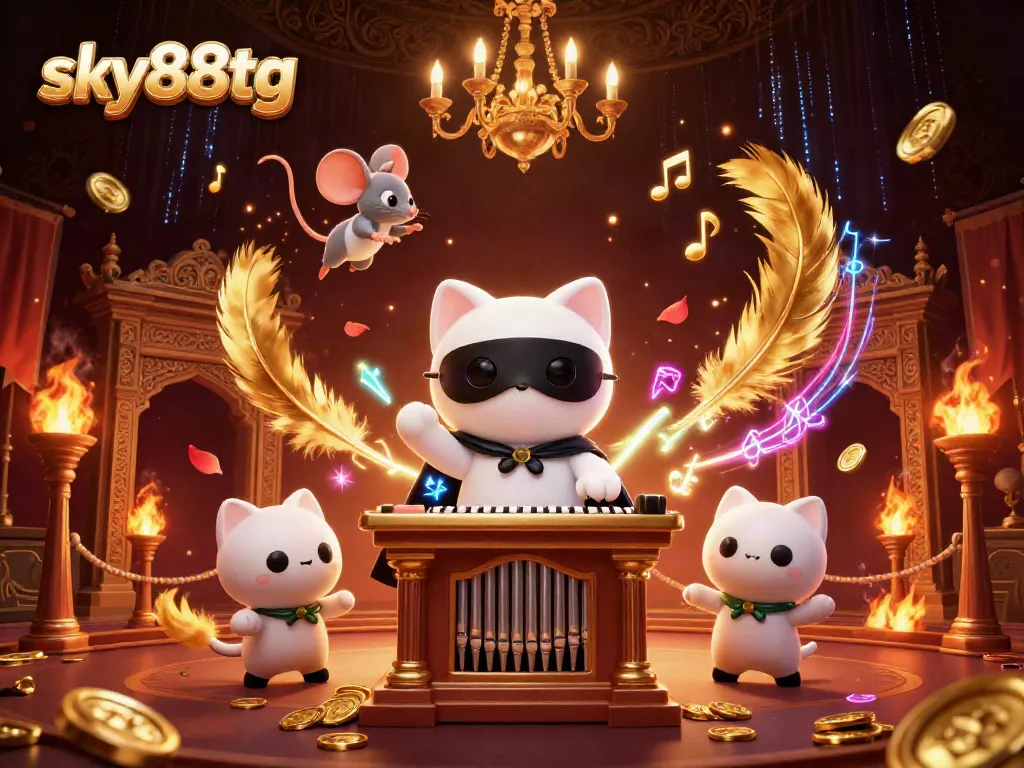 Experience thrilling gameplay with sky88tg's casino features, adorned by a 3D cartoon cat and golden elements.