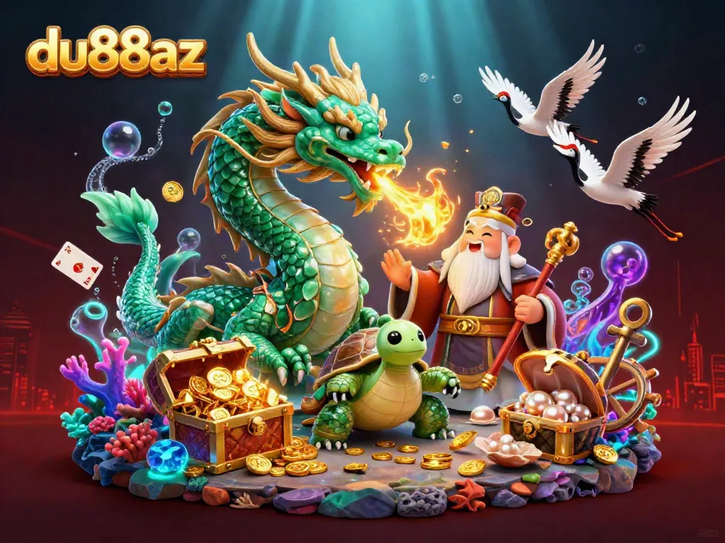 Experience thrilling gameplay with the du88az dragon, turtles, and cranes in an amazing underwater casino illustration.