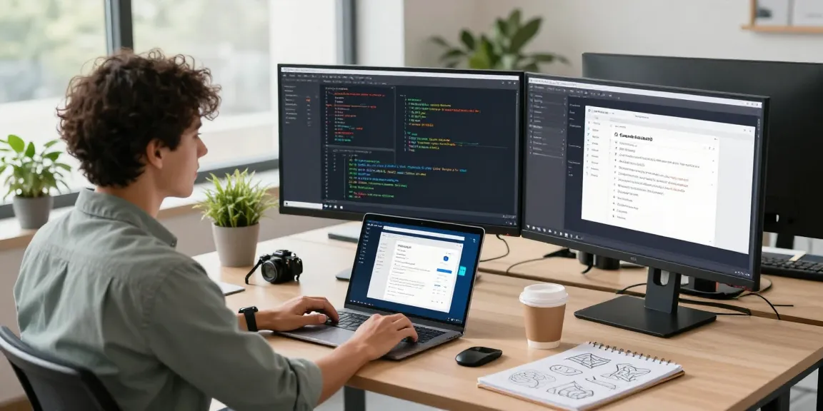 Build internal tools with AI in a collaborative tech workspace featuring a developer coding at a modern desk.