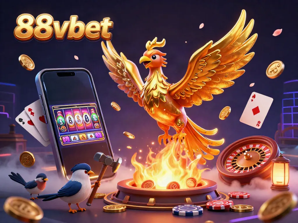 Experience vibrant gaming with 88vbet through a 3D phoenix and coins, illustrating online betting thrill.