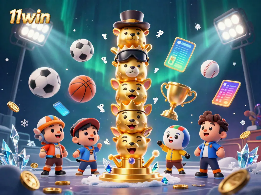 Engage in thrilling casino action with 11win's vibrant 3D illustration featuring a golden totem and dynamic sports elements.