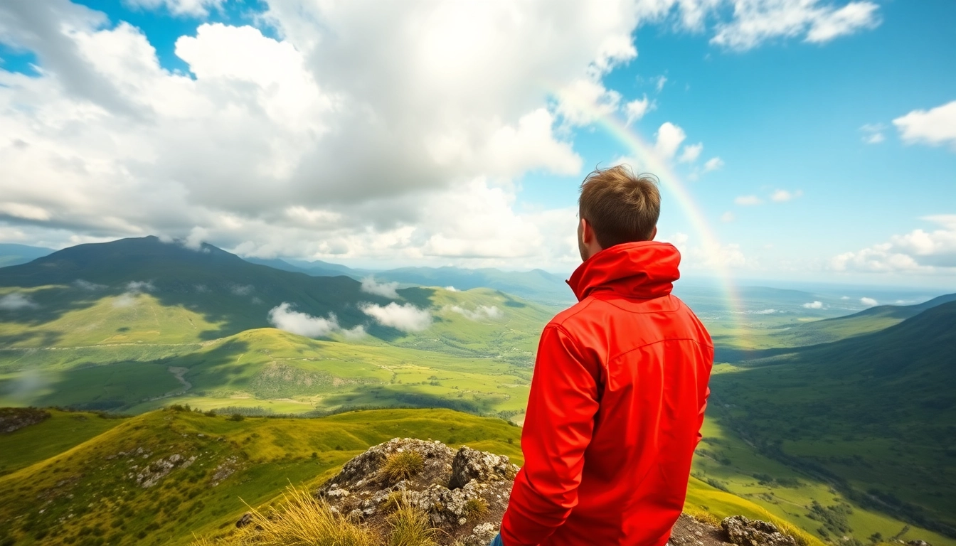 Wandern Irland Urlaub auf einer grünen Hügelkette mit einem Wanderer in leuchtend roten Jacke im Vordergrund.