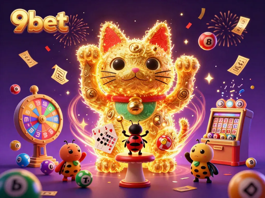 Experience the vibrant world of 9bet with a lucky cat made of fireflies amidst dynamic casino symbols and colorful elements.