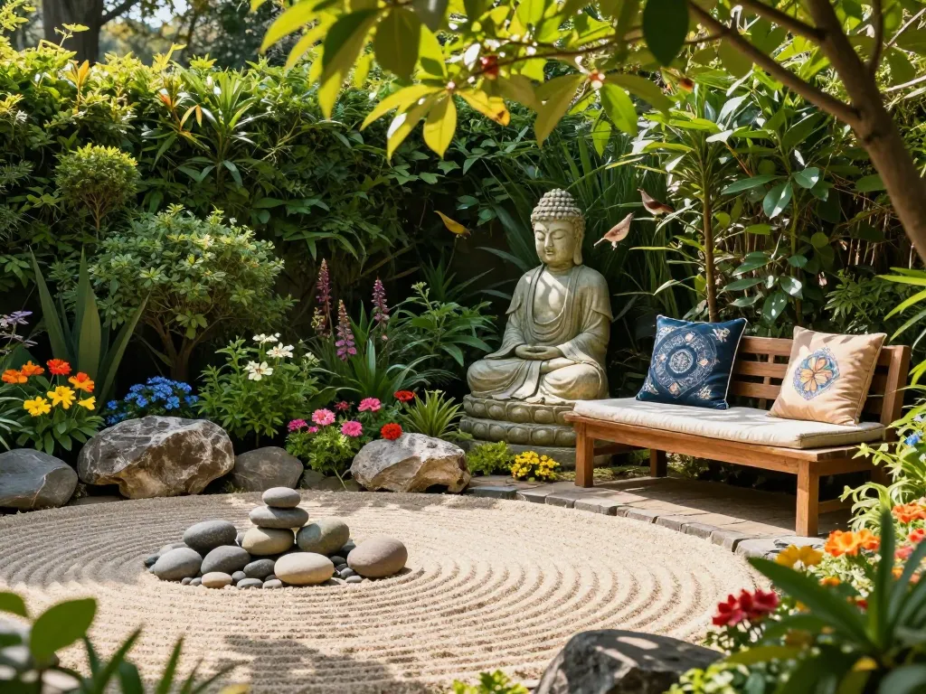 Schöne Buddha Gartenfigur umgeben von lebhaften Pflanzen und einem Zen-Garten, die Ruhe einlädt.