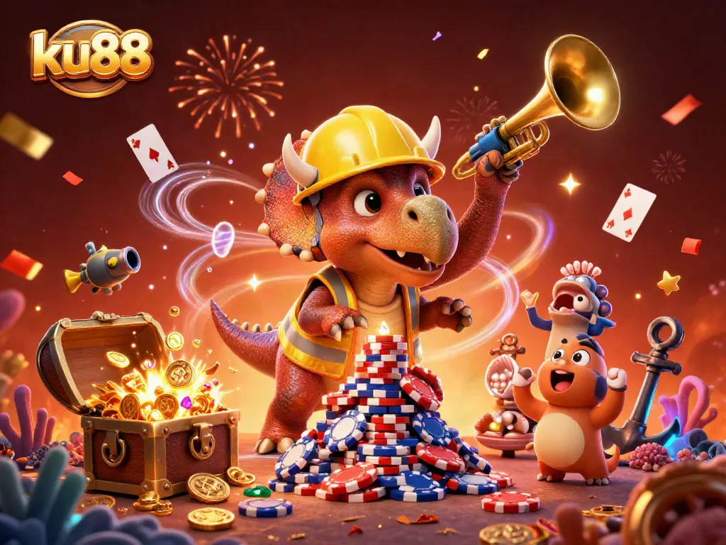 ku88 celebrates a vibrant casino scene with engaging characters in a dynamic 3D illustration.