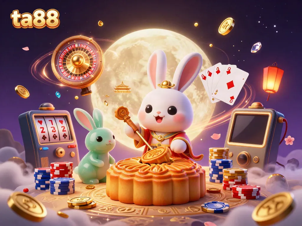 Engage in thrilling casino gaming at TA88 with vibrant 3D illustration featuring festive elements and lucky symbols.
