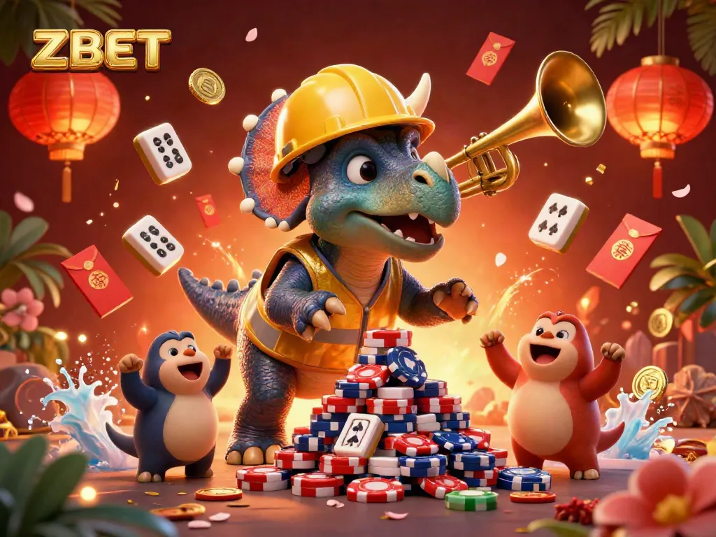 ZBET celebrates wins with lively characters building poker chip towers in a fun casino environment.