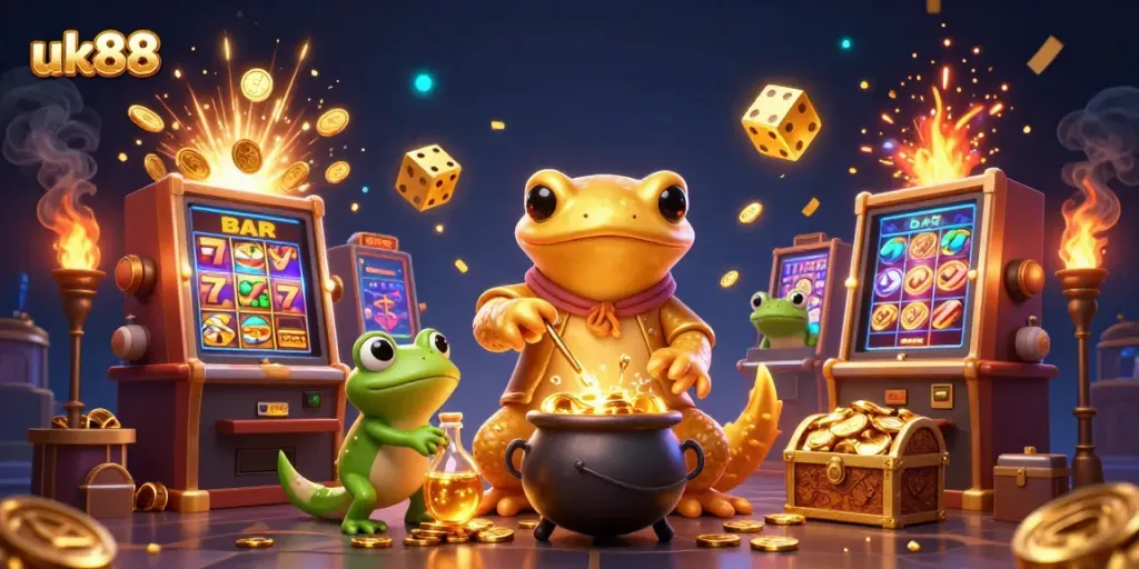 Spin and win with uk88's dynamic casino world filled with gold coins and vibrant characters.
